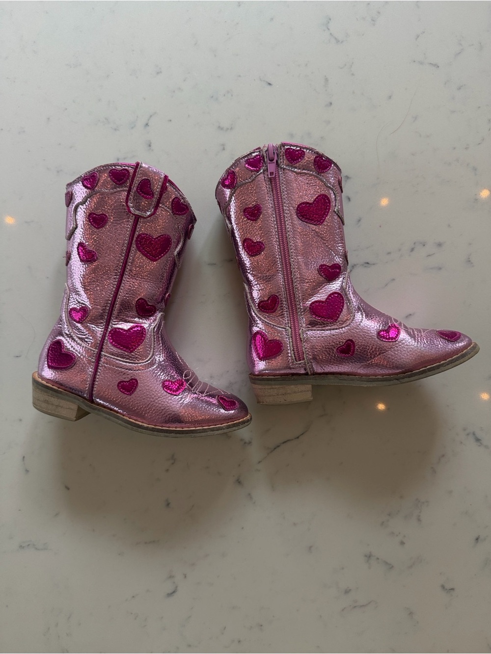 Girls Metallic Pink Heart Cowgirl Boots with Side Zip